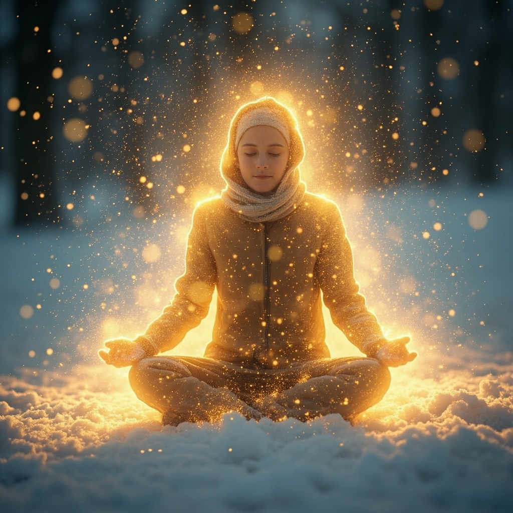 A serene, artistic representation of a person sitting in a warm, glowing light during a snowy winter day, symbolizing internal warmth and emotional balance.