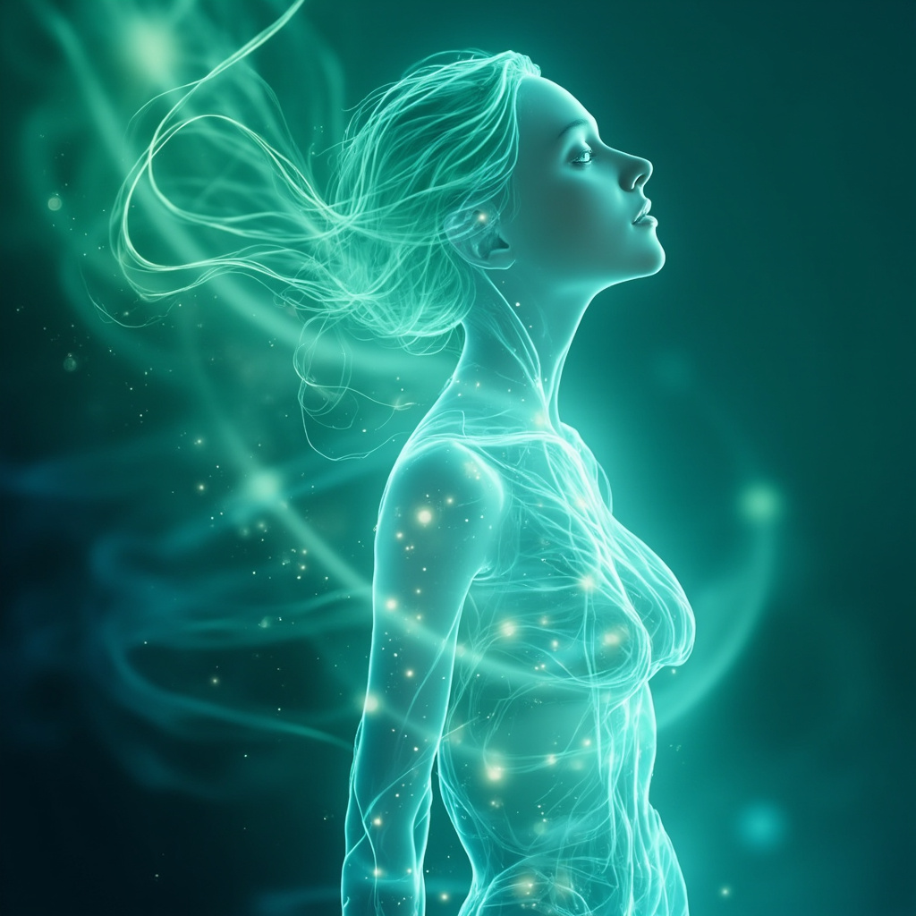 A serene, abstract artistic representation of human flow and internal balance, featuring soft gradients of green and blue, symbolizing organ health and energetic harmony.