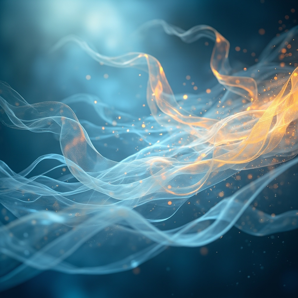 A serene, abstract representation of flowing light and soft geometric patterns, symbolizing internal energy and calm, with a gentle, soothing blue and soft gold color palette.