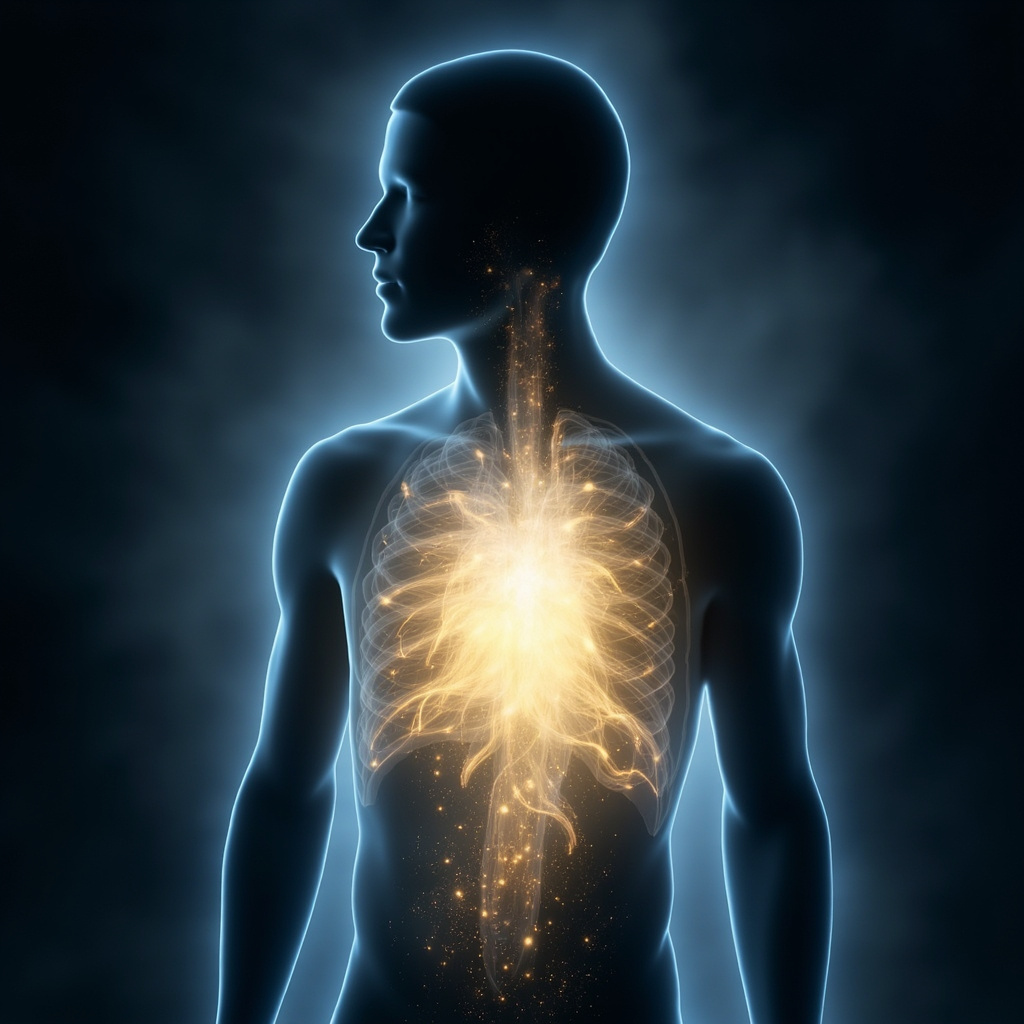 A serene, abstract artistic representation of a glowing, open space in the center of a human silhouette, symbolizing the mediastinum and the feeling of breath and freedom.