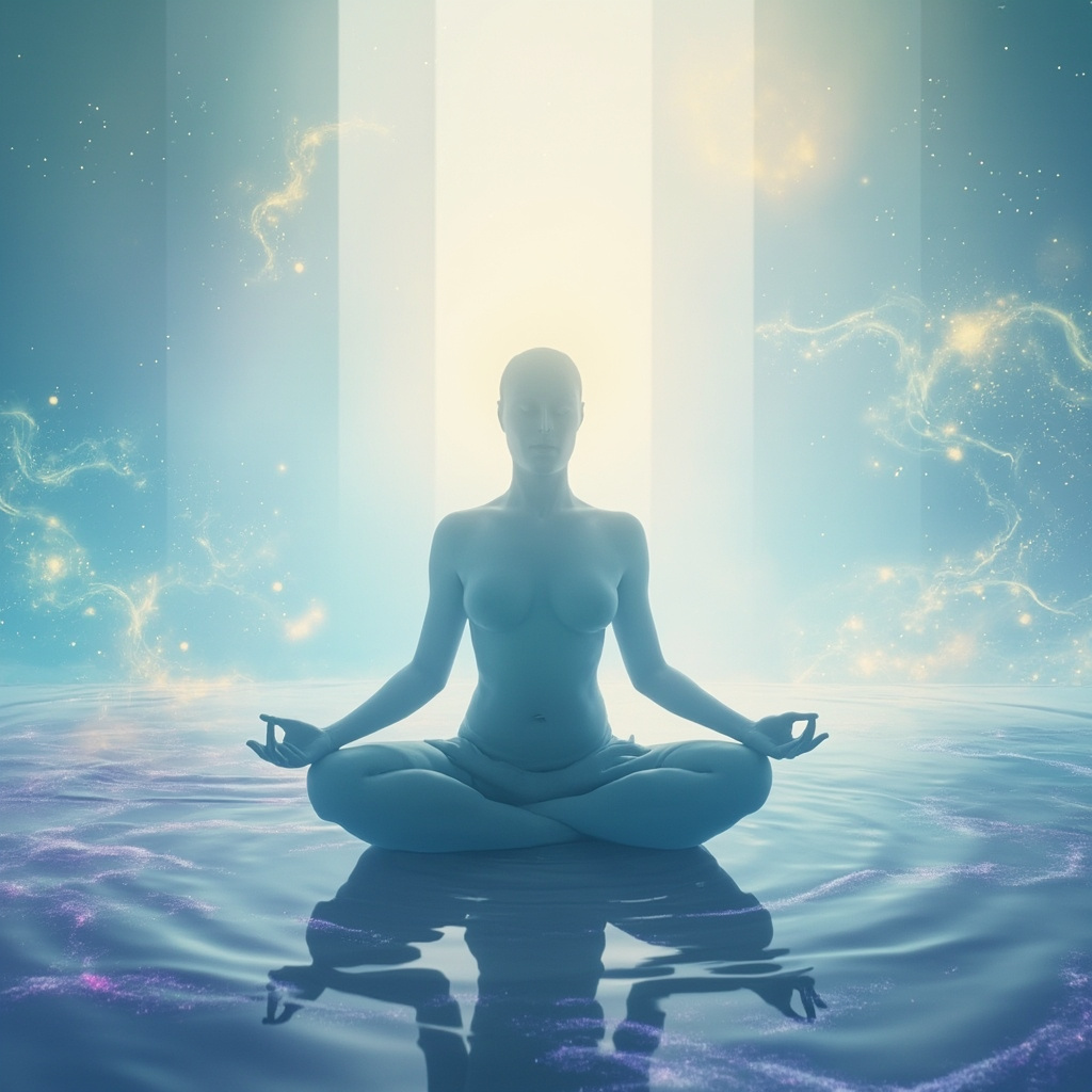 A serene, abstract representation of a person sitting in a meditative posture, surrounded by gentle, flowing light waves and soft harmonious patterns, symbolizing internal balance and sensory clarity.