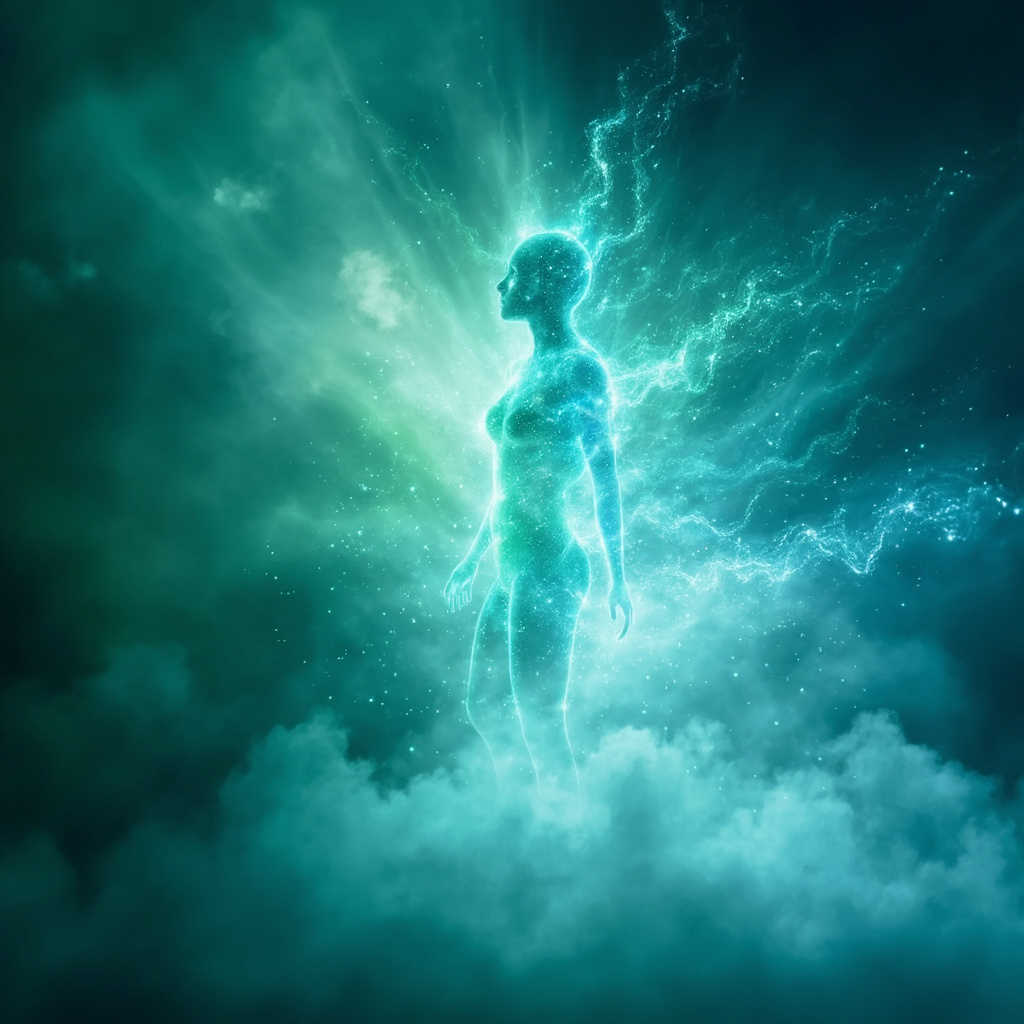 A serene, abstract representation of human energy fields glowing with soft blue and green light, symbolizing internal harmony and calm, high resolution, soft focus