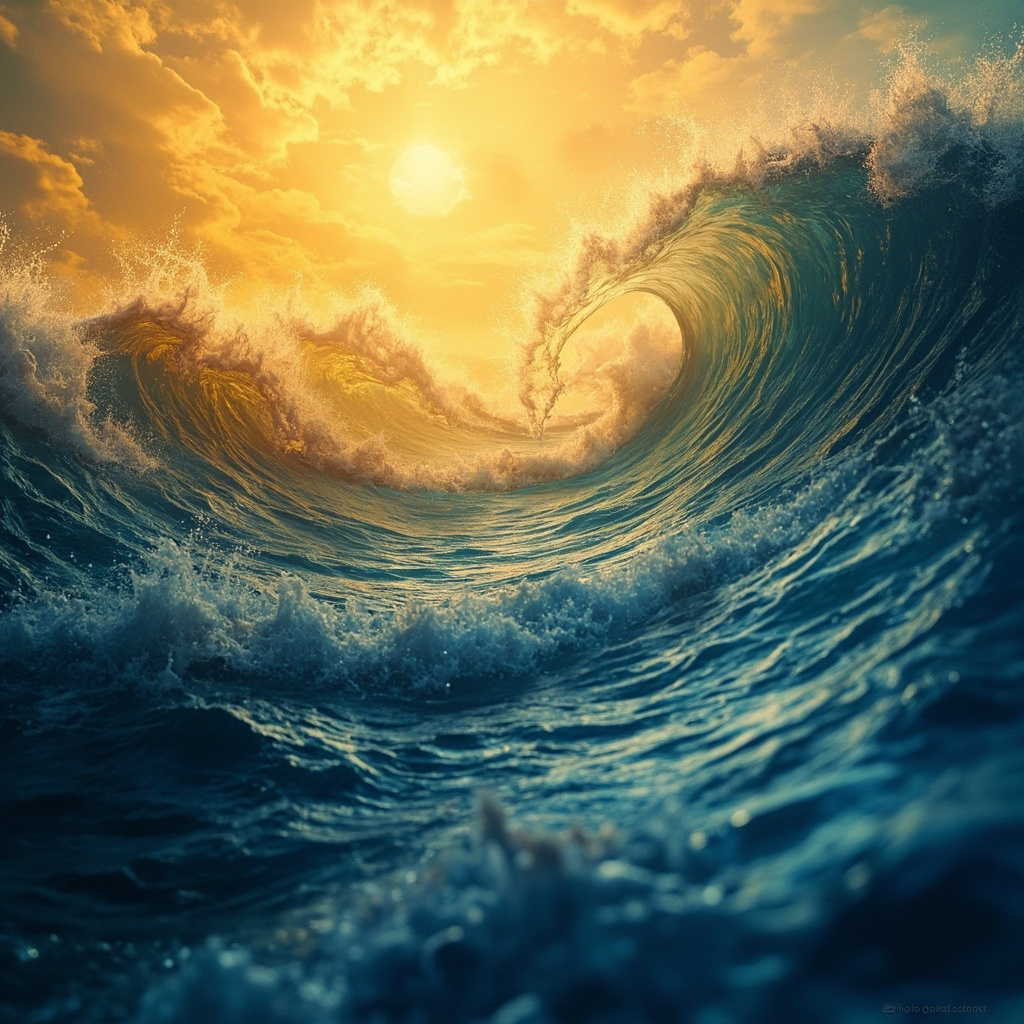 A serene, abstract representation of a glowing, golden light gently smoothing out wavy, turbulent blue currents, symbolizing the transition from stress to calm and inner harmony.