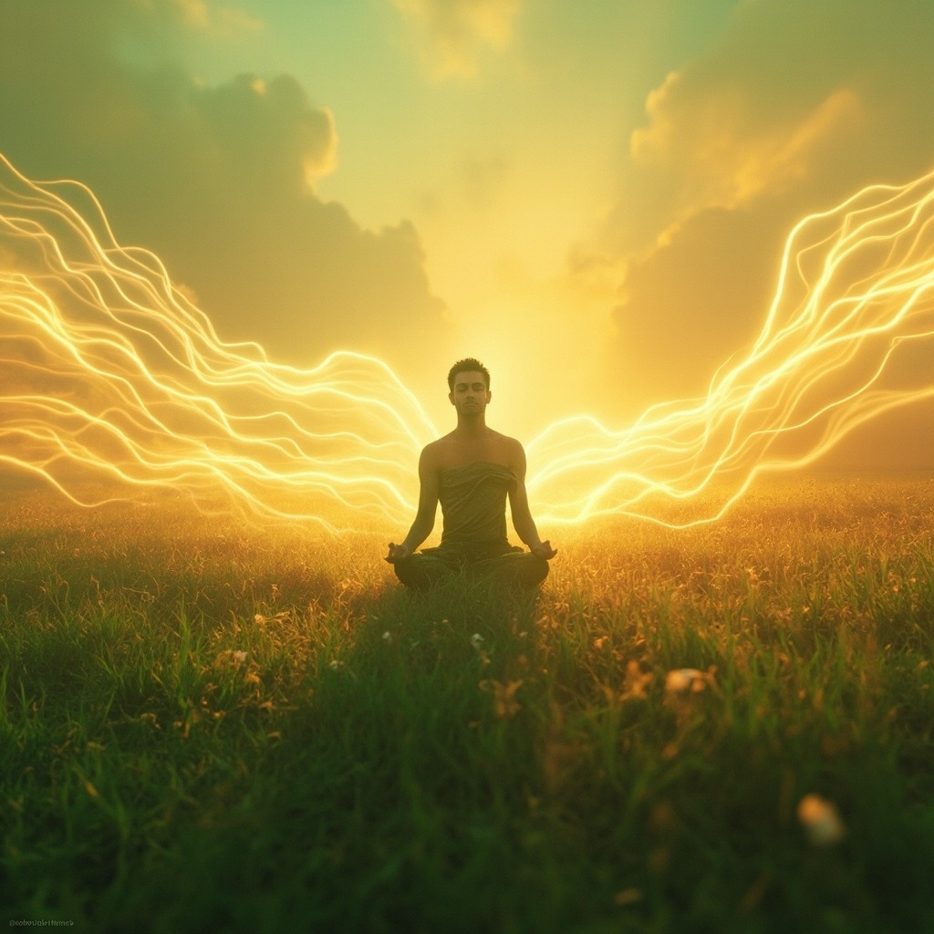 A serene, abstract representation of a person sitting in a field during a seasonal transition, surrounded by soft, glowing light waves reflecting inner balance and harmony.