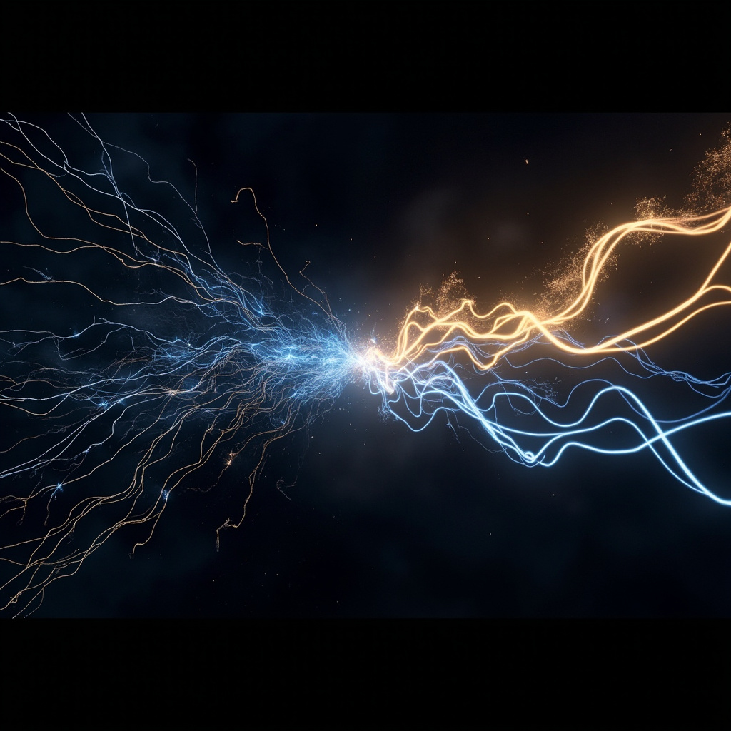 A serene, abstract representation of flowing electrical energy lines transitioning from a chaotic, jagged state into a smooth, harmonious, glowing golden-blue wave pattern.