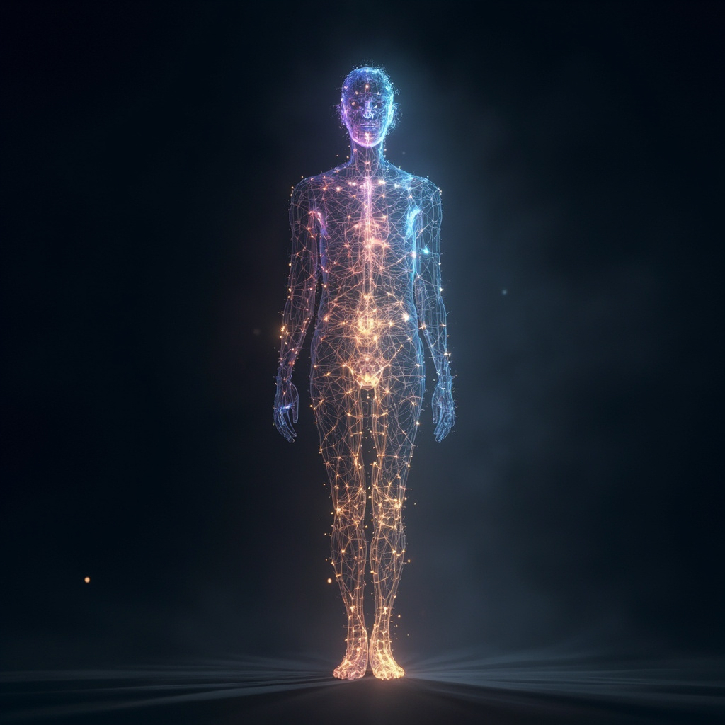 A serene, abstract digital representation of a human silhouette with soft, glowing light frequencies flowing through the nervous system, transitioning from dark, muted tones to vibrant, harmonious colors.