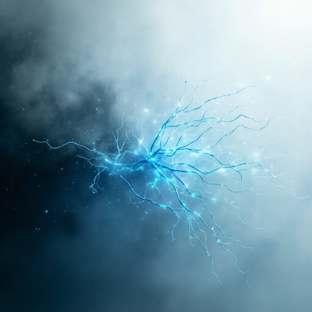 A serene, abstract representation of neural pathways glowing with soft, harmonious light, transitioning from a chaotic foggy grey to a clear, vibrant blue, professional and clean style.
