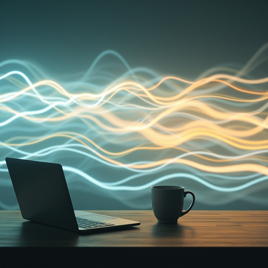 A high-quality, calm image of a neatly arranged workspace transitioning into a soft, glowing abstract representation of light waves, symbolizing mental clarity and order.