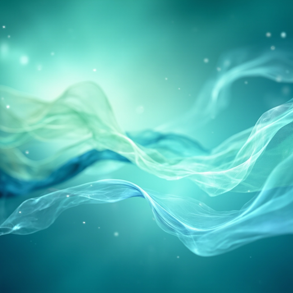 A calming, abstract image showing soft, flowing lines of light representing energy and balance, with a soothing palette of blues and soft greens to evoke a sense of skin comfort and inner peace.