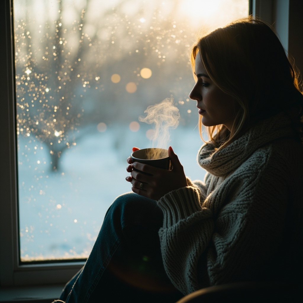 A cozy, serene image of a person sitting by a window with soft winter light, holding a warm cup of tea, with subtle, glowing geometric light patterns representing energy harmony in the background.