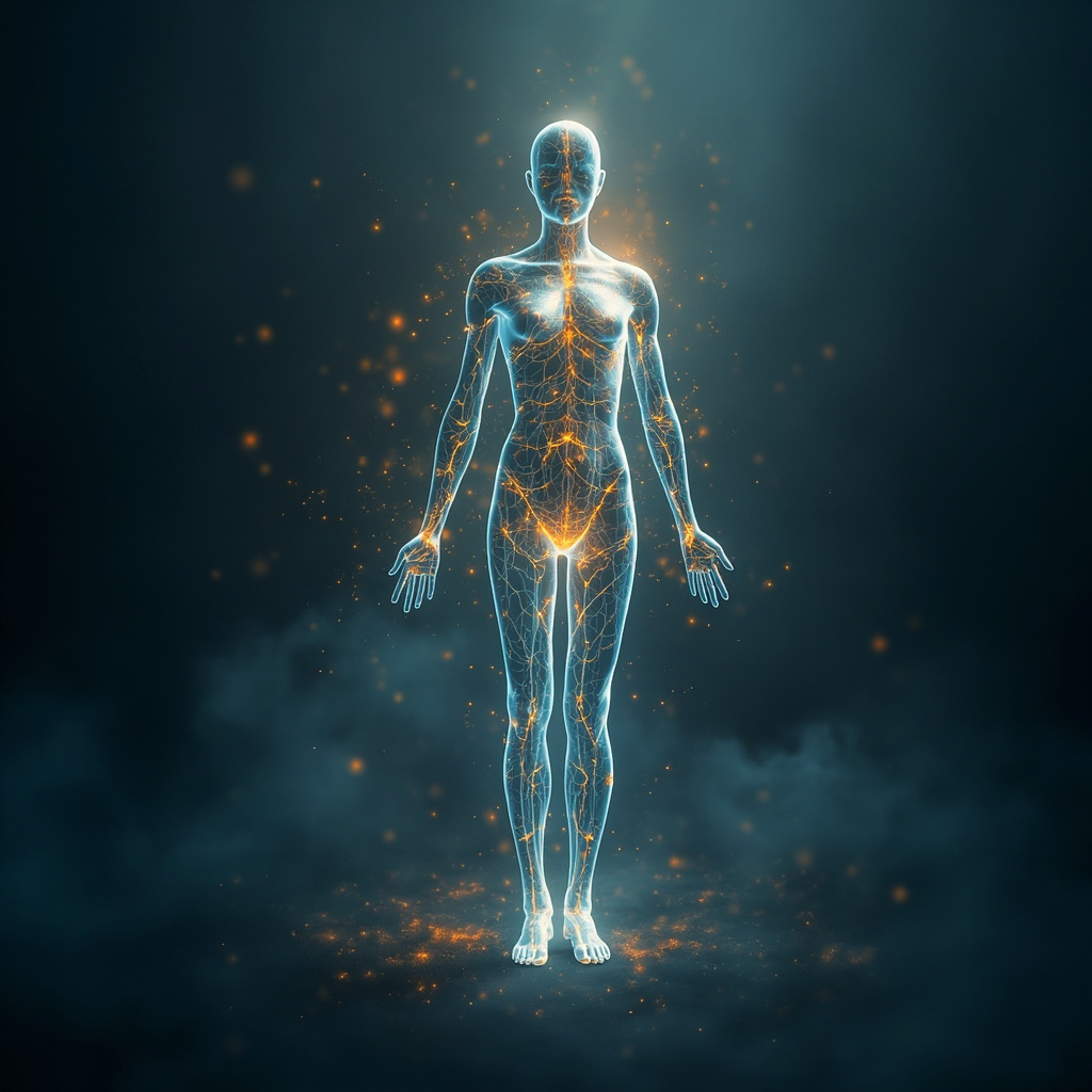 A serene, abstract visual representing internal biological balance, with glowing light pathways flowing through a human silhouette, soft blue and gold color palette.