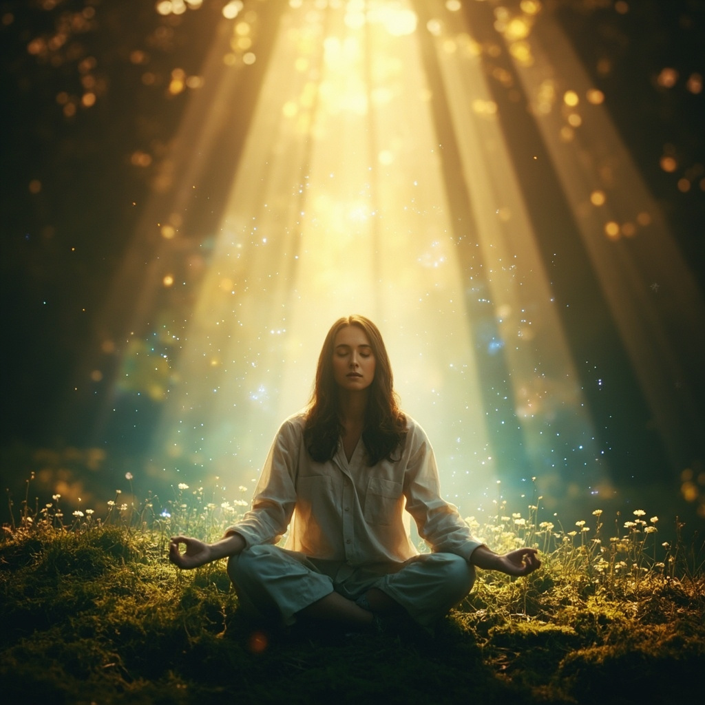 A high-quality, calming image of a person sitting in a serene, natural environment with soft, glowing light representing harmony and balanced energy fields around them.