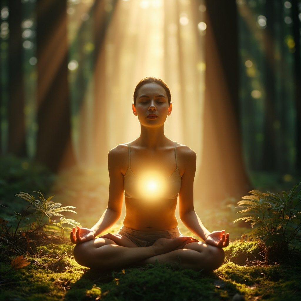 A high-quality, soothing image of a person practicing mindful breathing in a natural, serene environment, with soft light representing balanced energy flow.