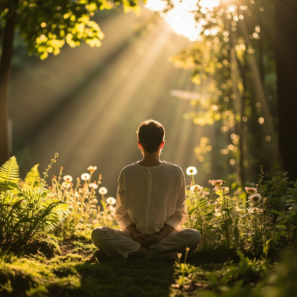 A soft, serene image of a person sitting in a sunlit, peaceful garden, representing mental clarity, balance, and a harmonious connection with nature.