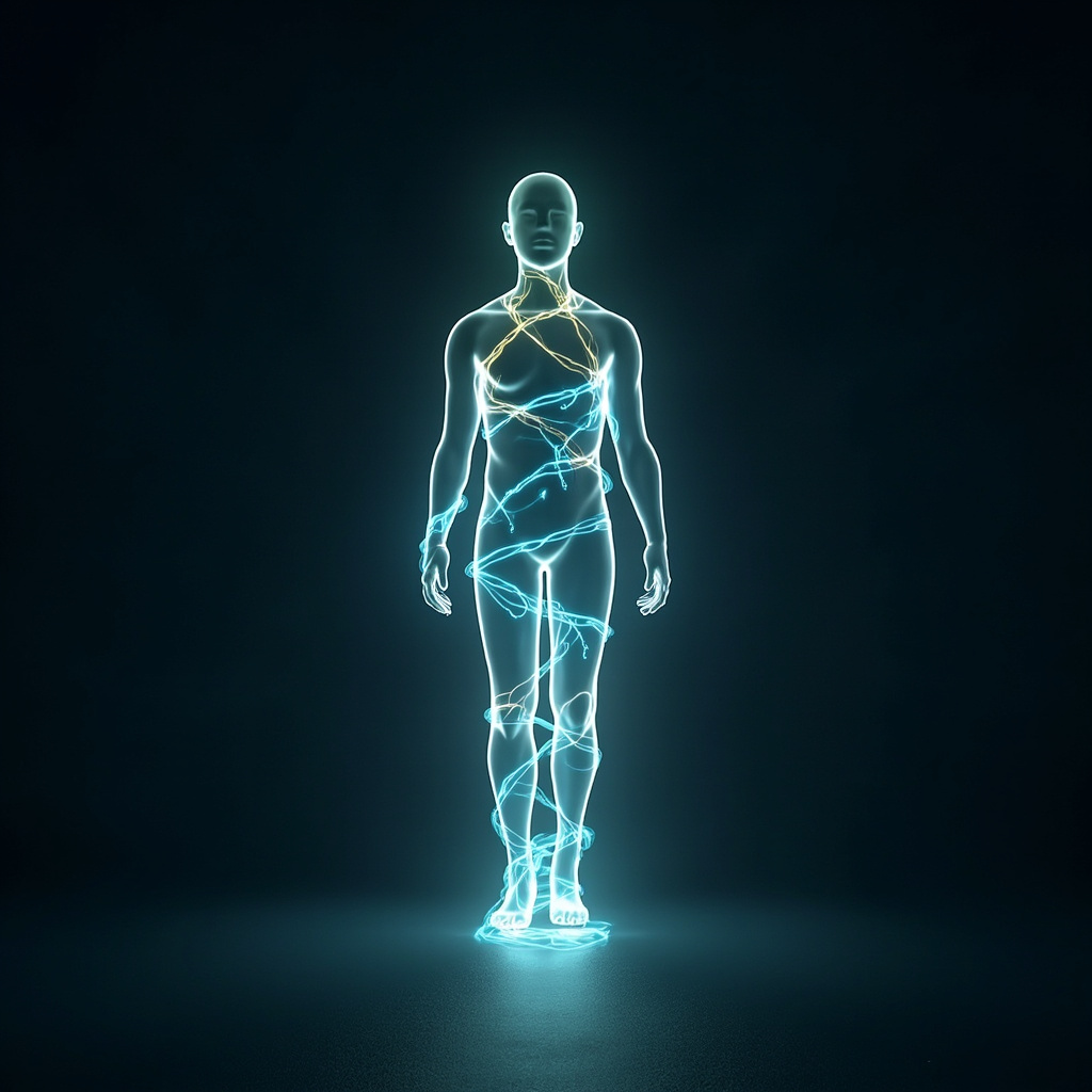 A serene, abstract digital art piece showing glowing, harmonious light waves flowing through a human silhouette, representing internal electrical balance and calm.