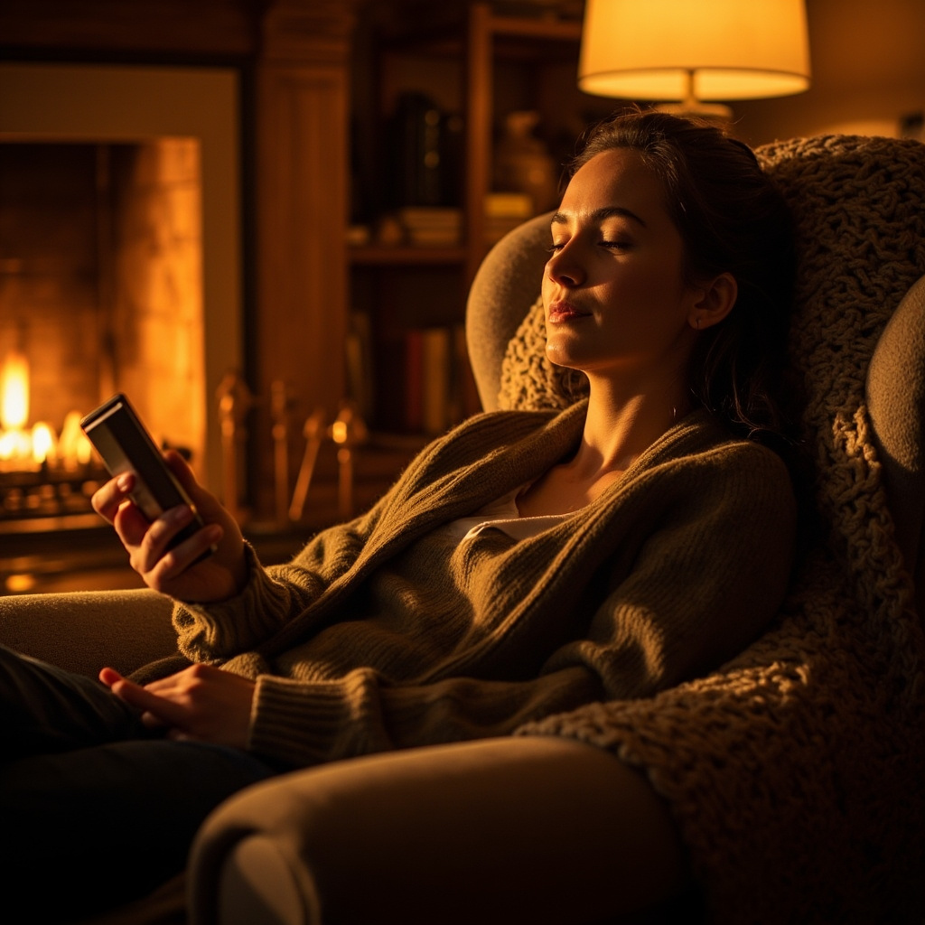 A cozy, warm interior scene with soft golden lighting, a person relaxing while holding a small, elegant device, representing harmony and seasonal warmth.