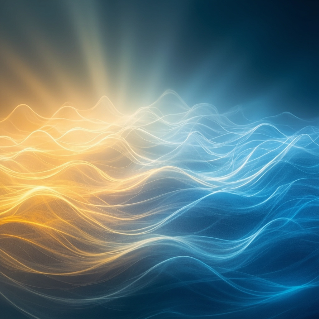 A serene, abstract landscape with soft, flowing golden and blue light waves representing emotional harmony and mental clarity.