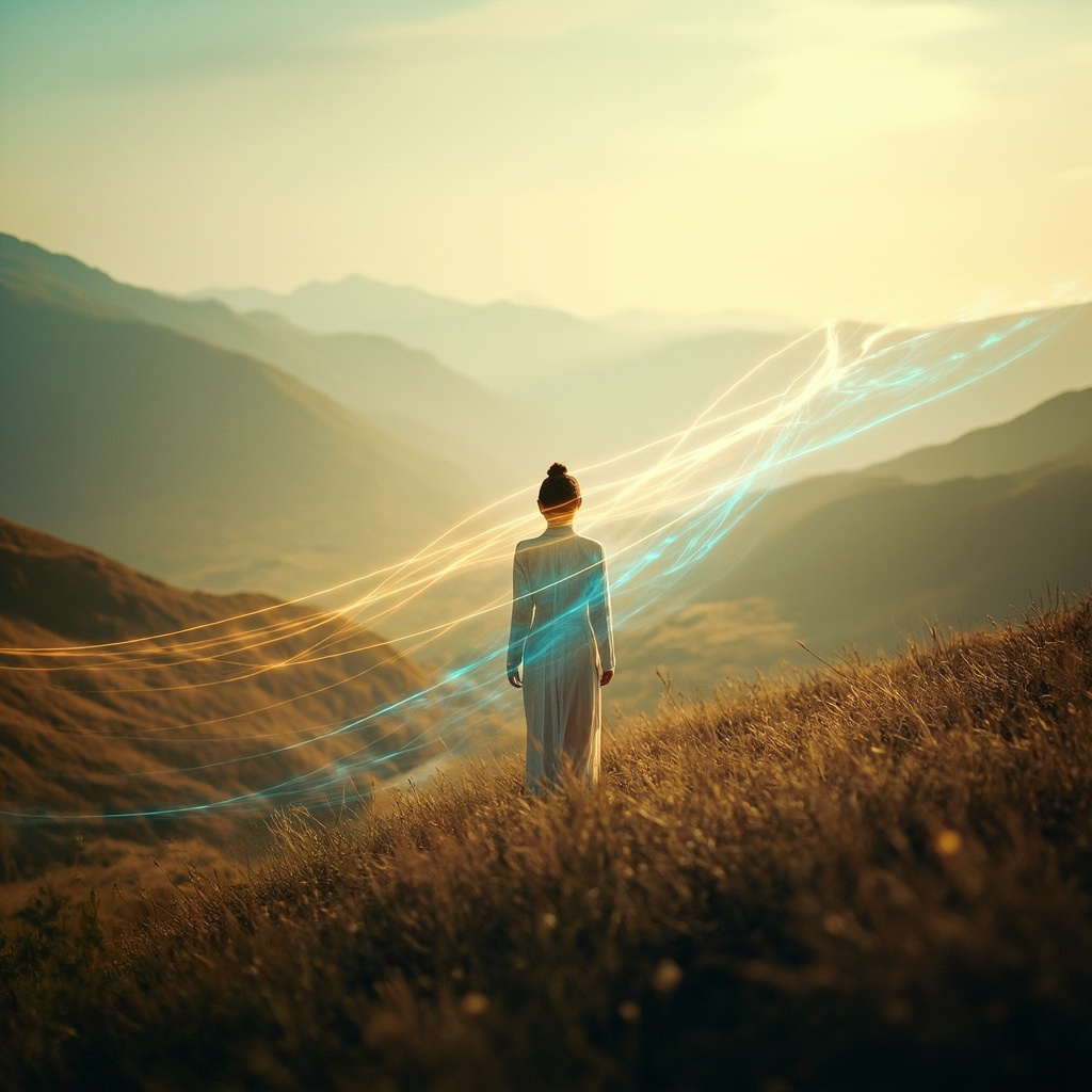 A high-quality, calming image of a person standing in a serene, natural landscape with soft, glowing light lines representing energy flow and inner balance.