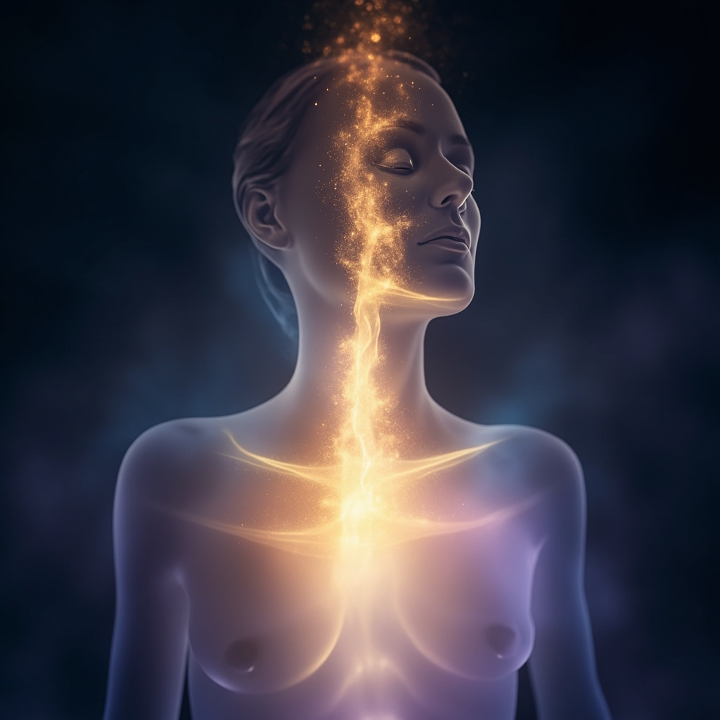 A high-quality, abstract, and calming image featuring a soft, glowing light traveling down the center of the throat and chest area, representing the flow of breath and energy, with a peaceful and meditative aesthetic.