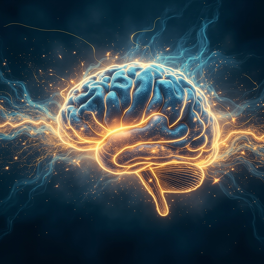 A high-quality, abstract digital art piece representing the flow of light and energy within the brain, using warm, glowing gold and soft blue tones to symbolize the balance of motivation and calm.