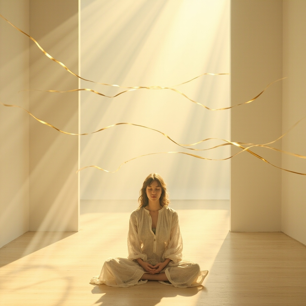 A high-quality, calming image of a person sitting peacefully in a sunlit, clean, minimalist room, with soft abstract light waves representing harmony and balance.
