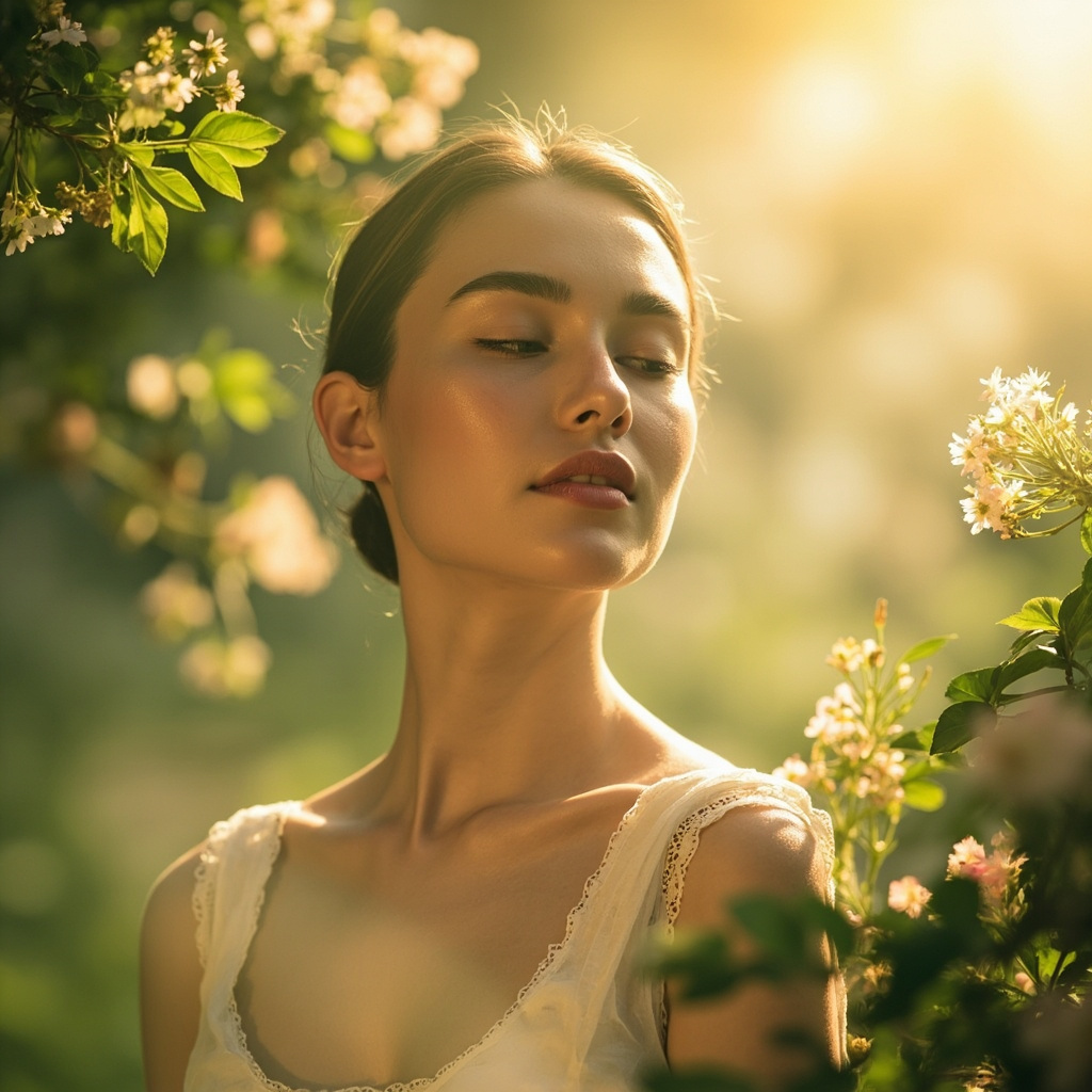 A calm, serene person standing in a sunlit, peaceful garden, representing the connection between mind, body, and skin health, soft focus, high quality, professional photography.