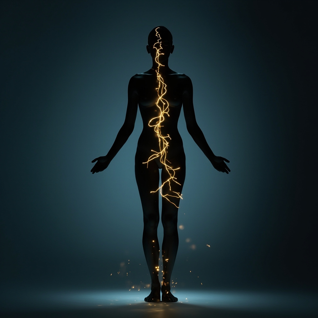 A high-quality, serene image of a human silhouette with soft, glowing light patterns representing internal energy flow and balance, minimalist style, professional and calming.