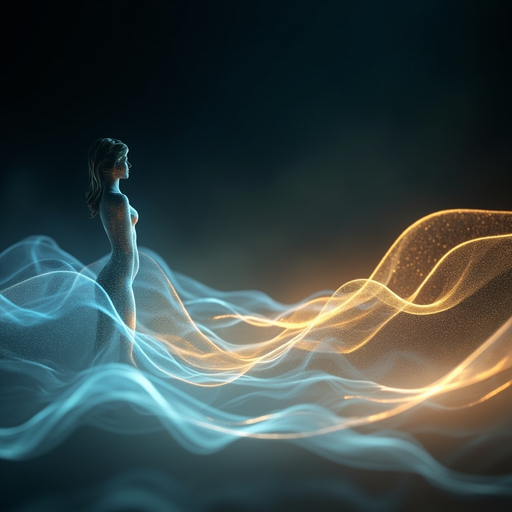 A serene, abstract digital art piece showing soft, flowing light waves merging with a silhouette of a person, representing the harmony between the nervous system and the skin.