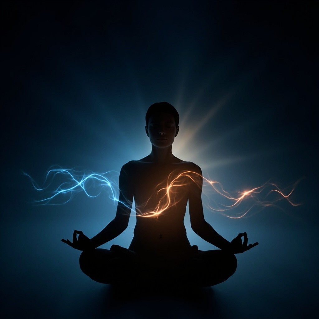 A high-quality, calming image showing a soft, glowing light wave pattern flowing through a silhouette of a human body, representing inner harmony and electrical balance.