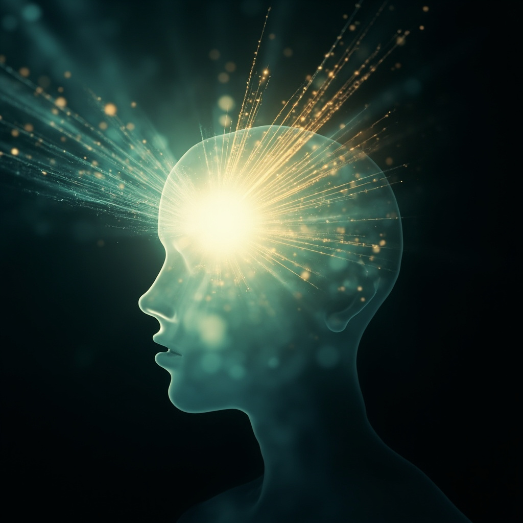 A serene, abstract digital art piece showing a glowing, light-filled silhouette of a human head, with soft rays of energy emanating from the center, representing mental clarity and balance.