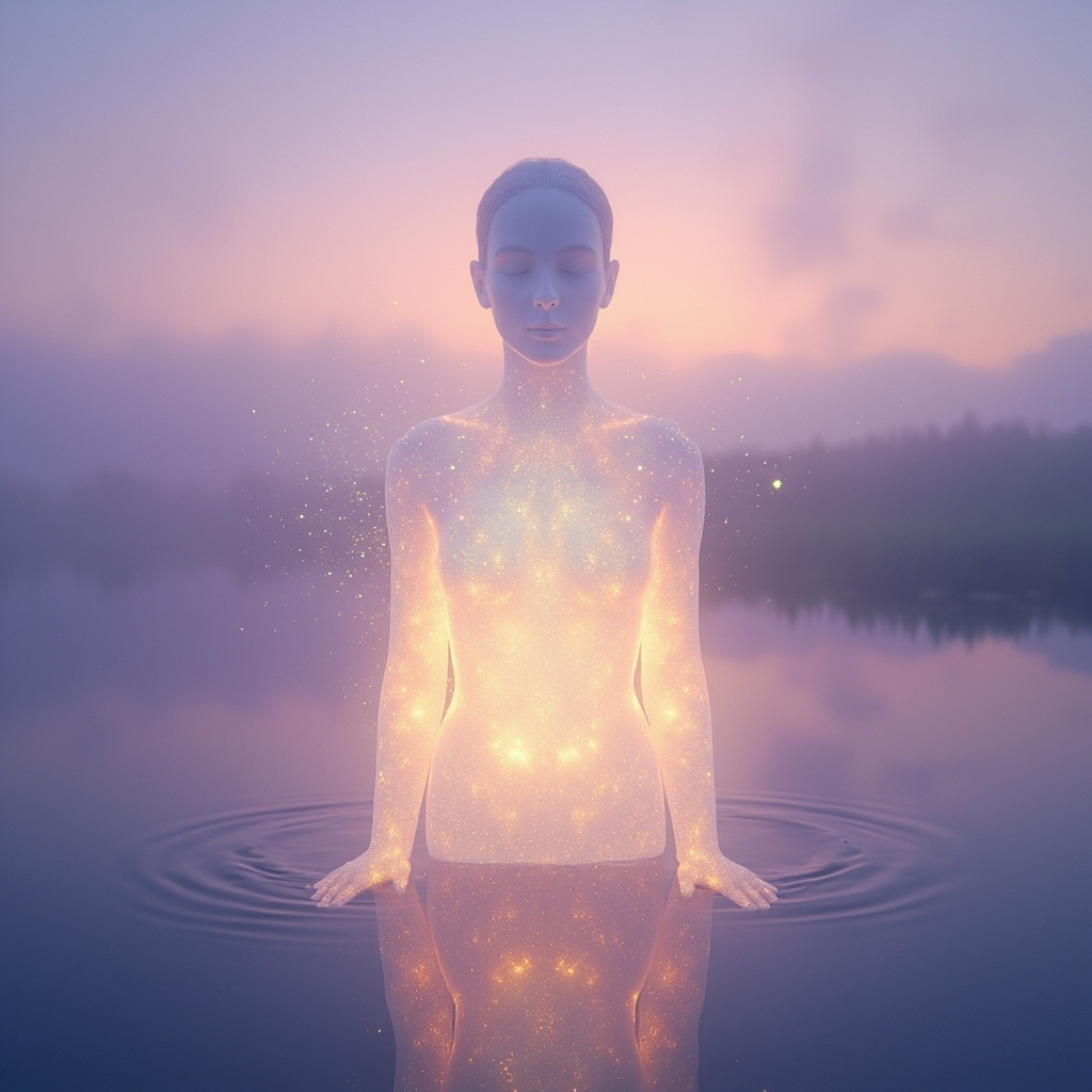 A high-quality, serene image of a calm, glowing human silhouette standing in a tranquil, ethereal landscape, with soft light waves emanating from the heart and head, representing emotional balance and clarity.