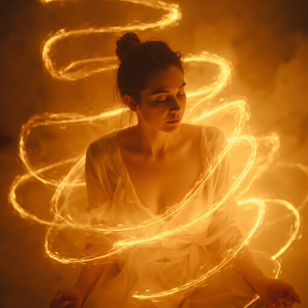 A soft, warm-toned image showing a person in a cozy interior space, with gentle, glowing light patterns representing energy flow around them, symbolizing inner warmth and balance.