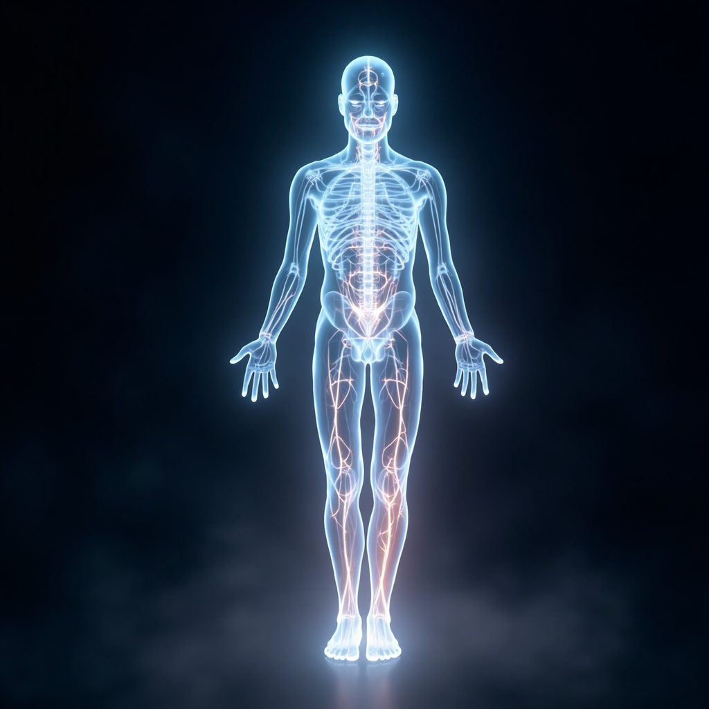 A high-quality, calming image of a glowing, translucent human silhouette with soft, harmonious light waves flowing through it, representing electrical balance and inner peace.