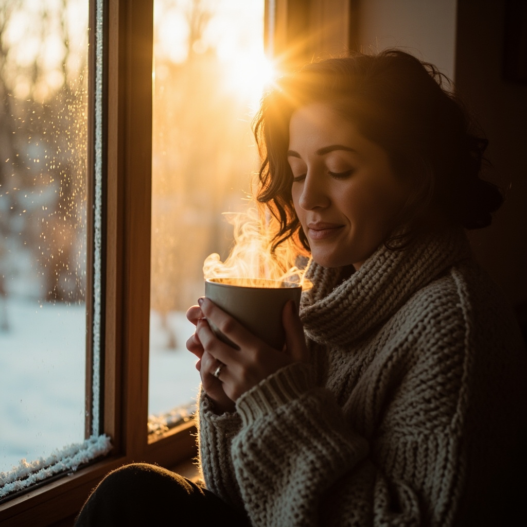 A soothing, high-quality image of a person sitting by a window with soft, warm winter light, holding a warm cup of tea, looking peaceful and revitalized.