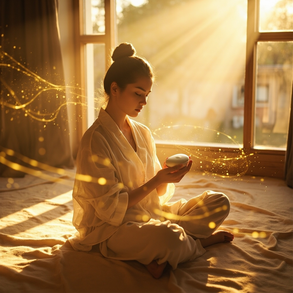 A person sitting calmly in a sunlit, peaceful room, holding a small, elegant device, with subtle, glowing golden light patterns surrounding them to represent electrical harmony and mental clarity.