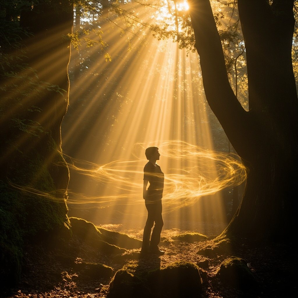 A high-quality, serene image of a person standing in a sunlit forest, with soft, glowing golden light patterns surrounding them to represent vitality and energy flow, minimalist and calming style.