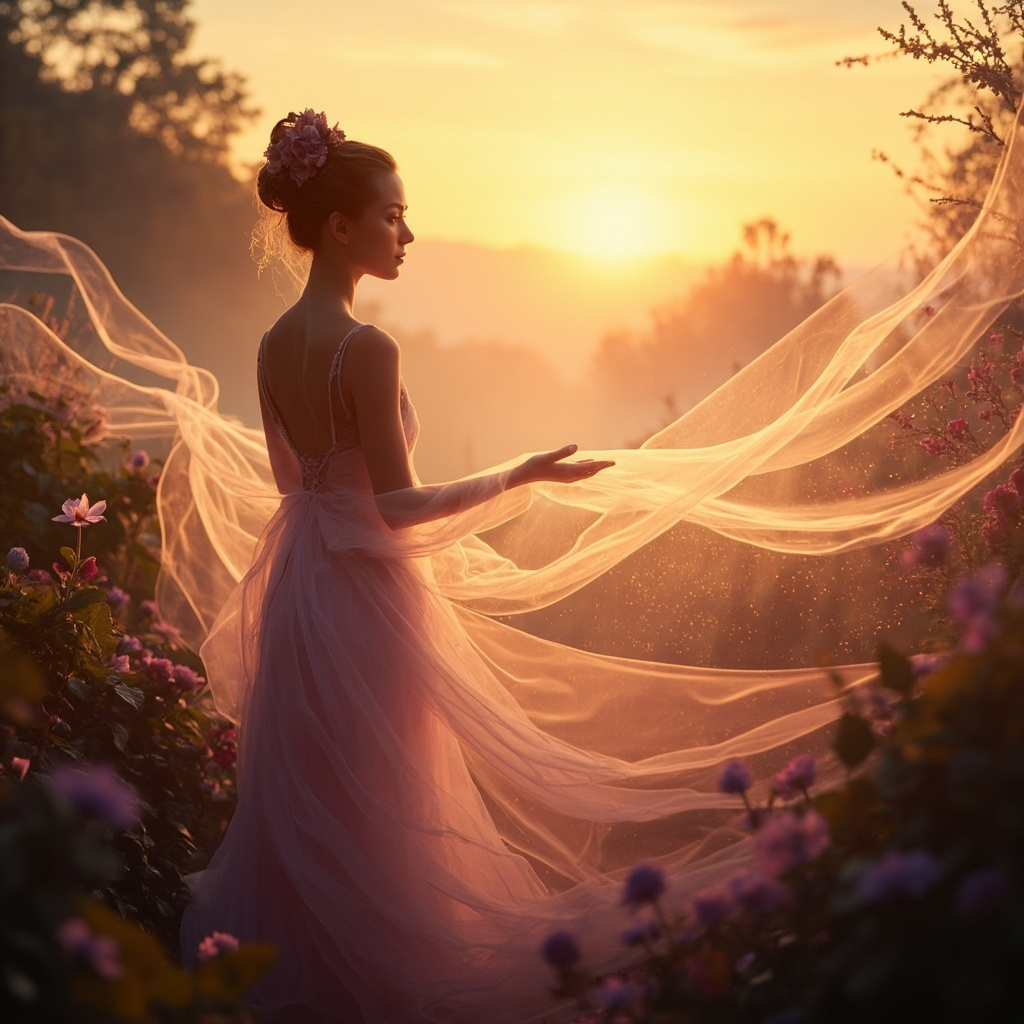 A calming, ethereal image of a woman silhouette in a peaceful garden at sunrise, with soft, glowing light waves surrounding her to represent harmony and energy flow.