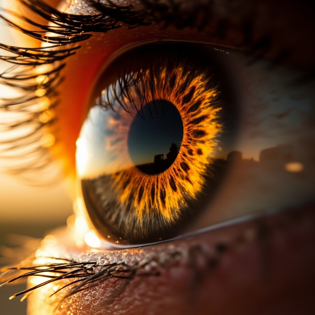A serene, artistic close-up of a human eye reflecting a soft, golden sunrise, symbolizing clarity, focus, and the connection between inner vision and the outer world.