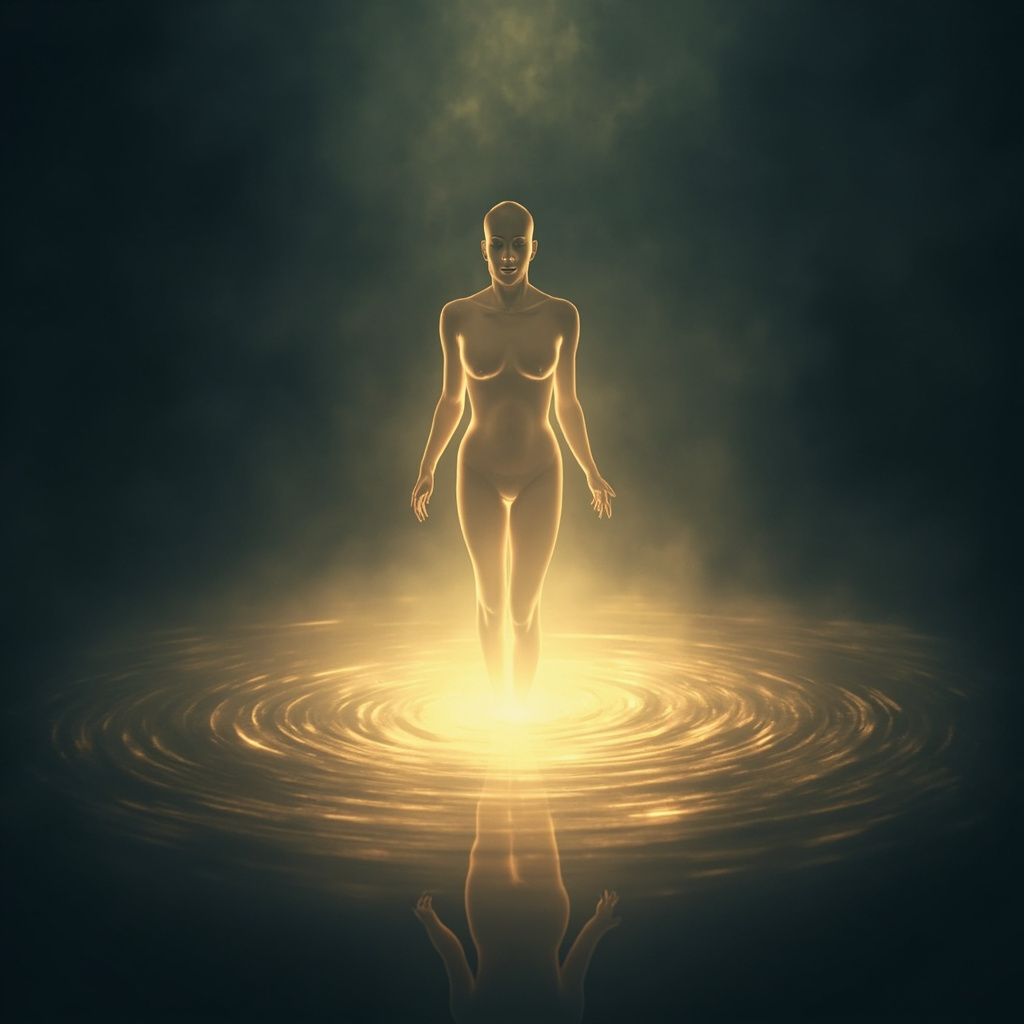 A calming, ethereal image showing a glowing human silhouette with subtle, harmonious light patterns radiating from the abdominal area, symbolizing energy balance and clarity.