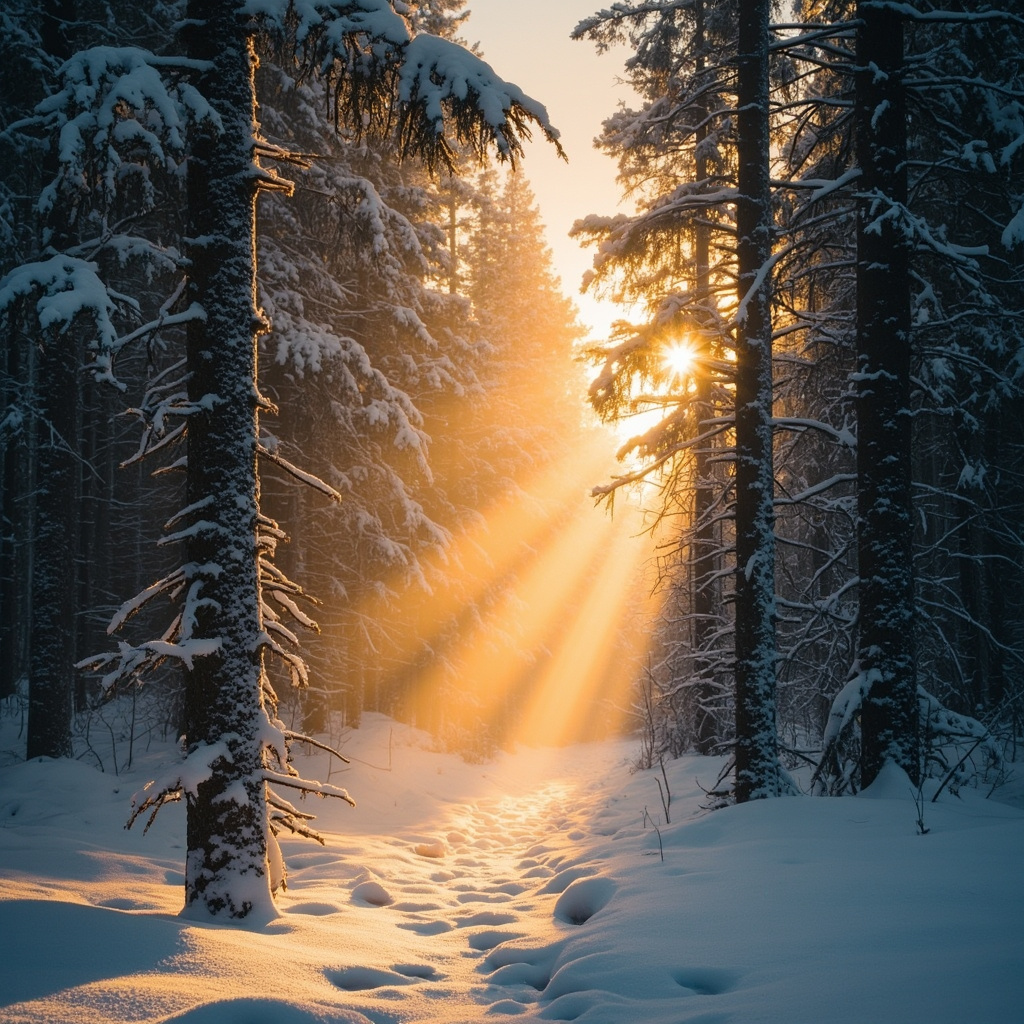 A soft, warm light glowing from within a serene, winter-themed forest, symbolizing inner vitality and balance.