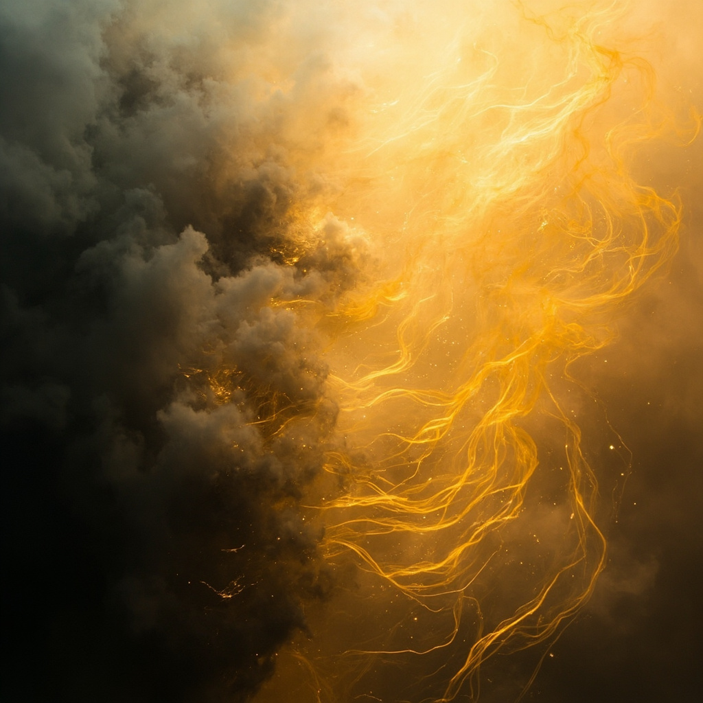 A serene, abstract image showing a transition from a dense, muted gray fog into a vibrant, flowing golden light, representing the transformation from stagnation to clarity.