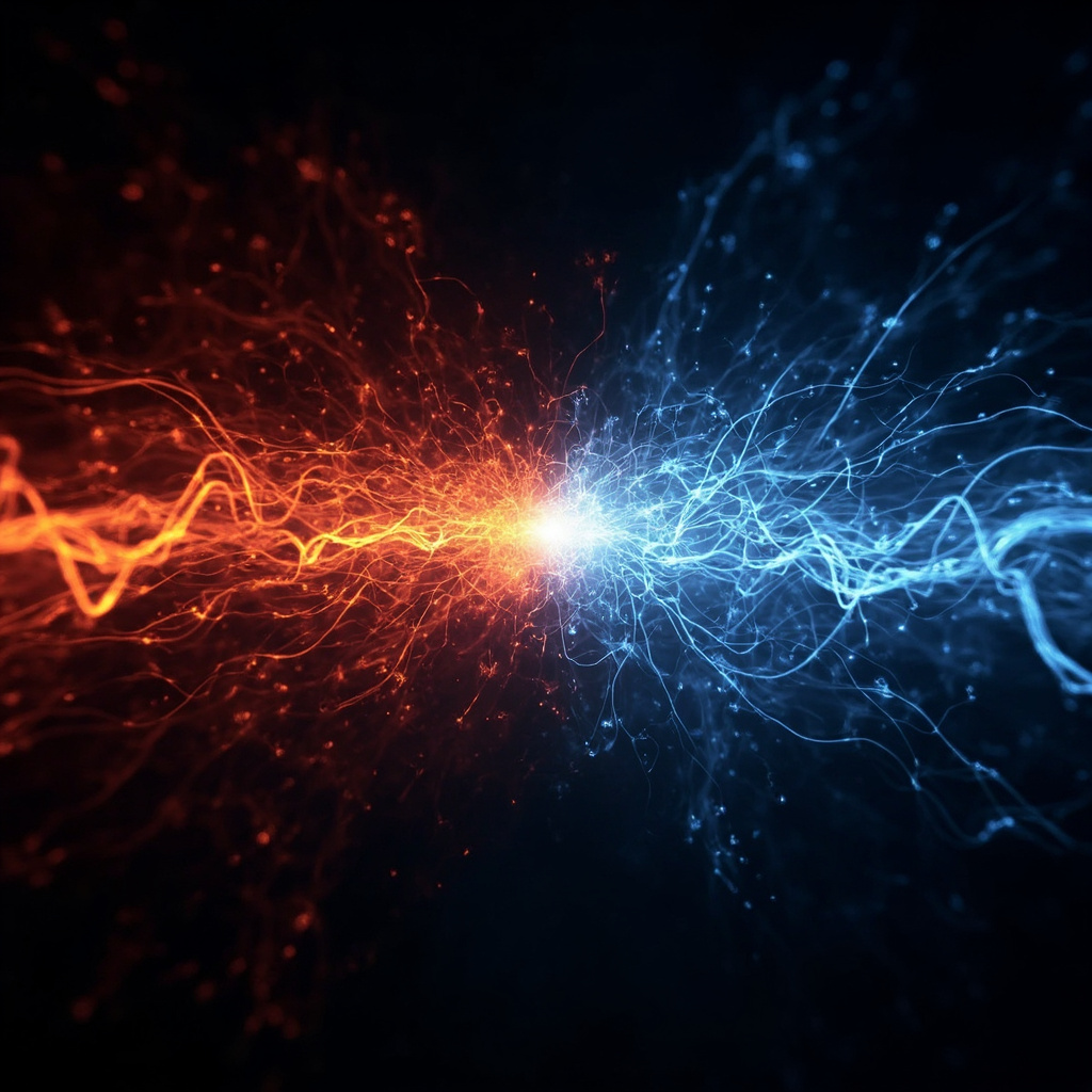 A serene, abstract digital art piece showing a glowing, balanced neural network transitioning from chaotic red energy to a calm, harmonious blue light.