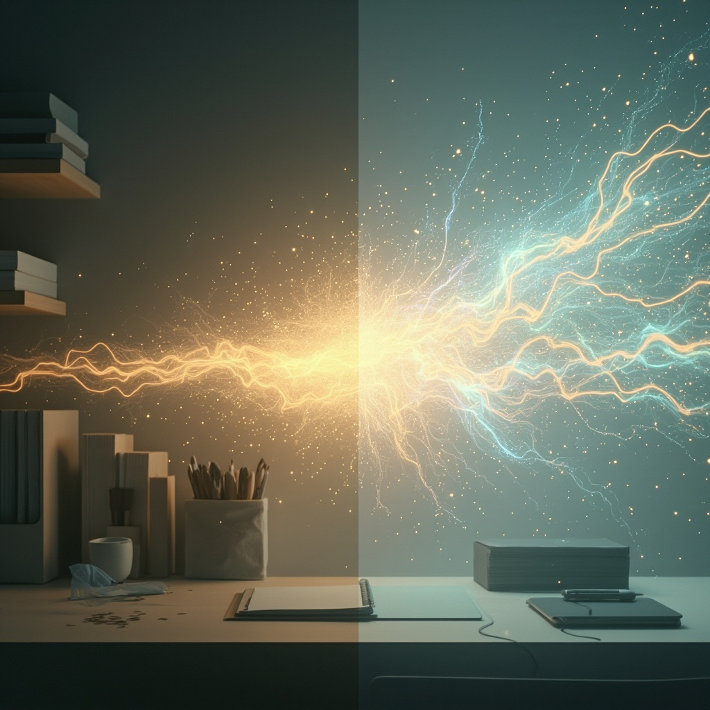 A high-quality, serene image of an organized, minimalist workspace transitioning into a glowing, ethereal abstract pattern of light, symbolizing the bridge between physical order and internal mental clarity.