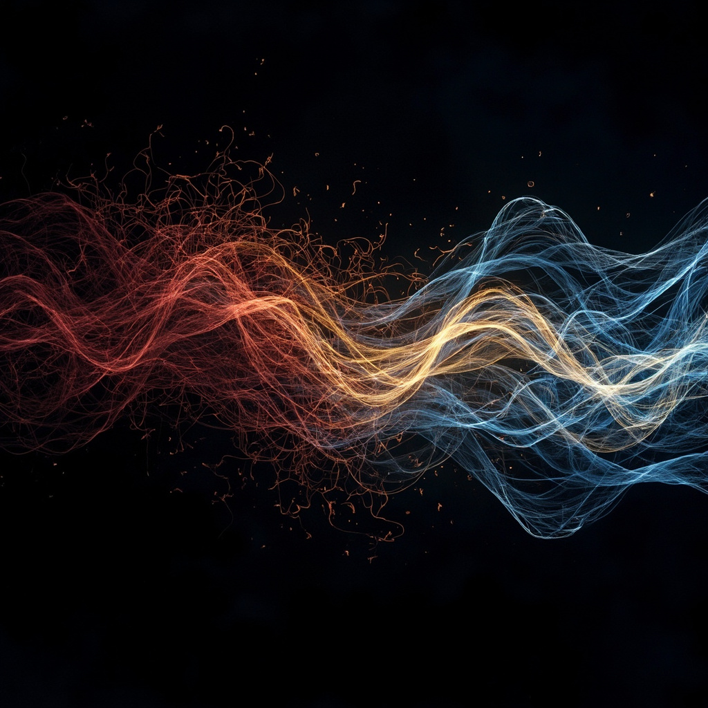 A serene, abstract visualization of neural pathways shifting from chaotic, knotted red lines into smooth, flowing blue and gold light currents.