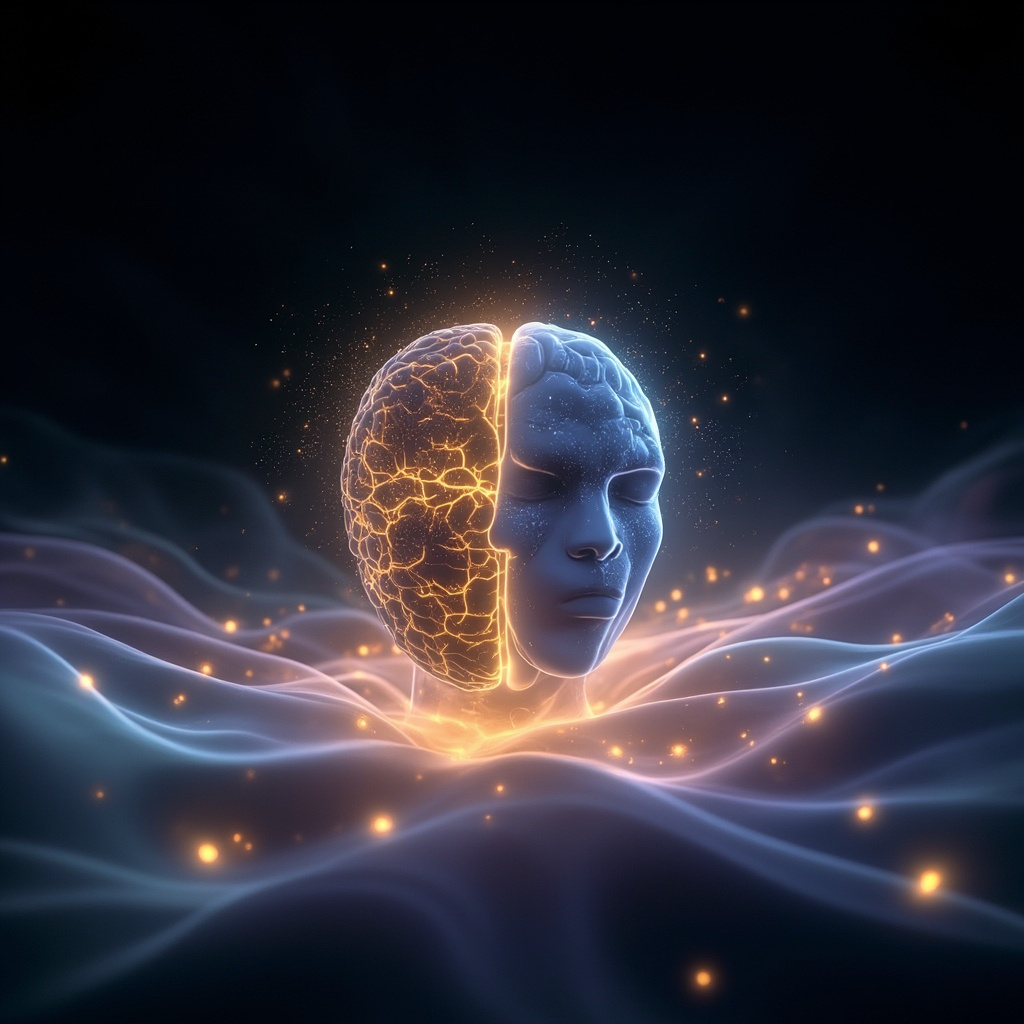A serene, abstract visualization of glowing neural pathways connecting a silhouette of a brain and a heart, surrounded by soft, harmonious light waves.