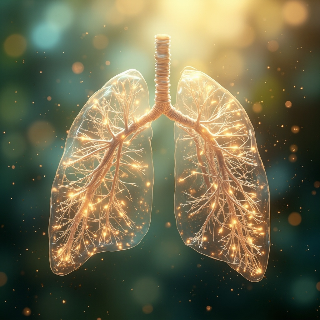 A serene, abstract visualization of light-filled, harmonious lung structures expanding gently in a soft, glowing, natural environment, emphasizing health and breath.