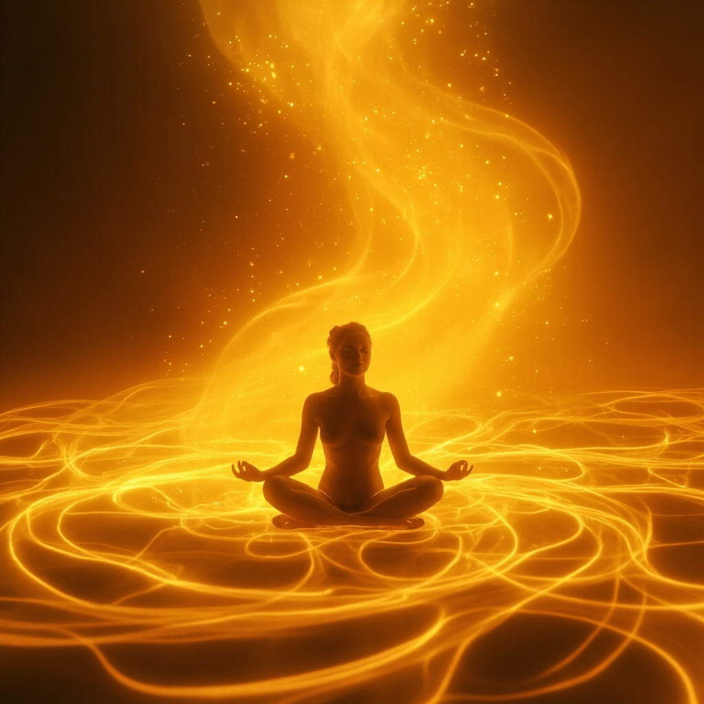 A serene, abstract visualization of a person sitting in a meditative posture, surrounded by gentle, flowing golden light waves that represent harmony and balanced energy fields.