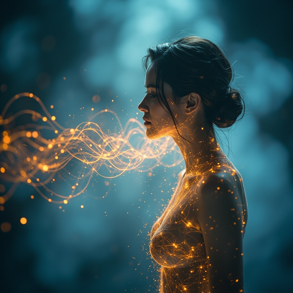 A serene, abstract visualization of light frequencies harmonizing with the human body, soft blue and golden tones, high quality, professional photography style.