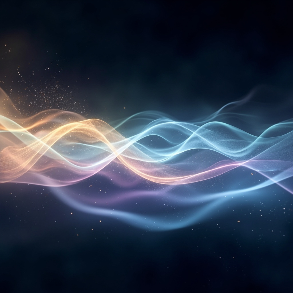 A calm, abstract visualization of light waves and gentle energy flow, representing internal harmony and balance.