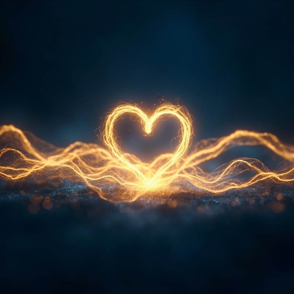 A serene, abstract visualization of glowing, rhythmic light waves forming a soft, golden heart shape against a calm, dark blue background, representing internal electrical harmony.